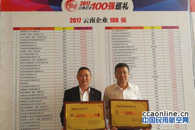 瑞麗航空上榜云南企業100強